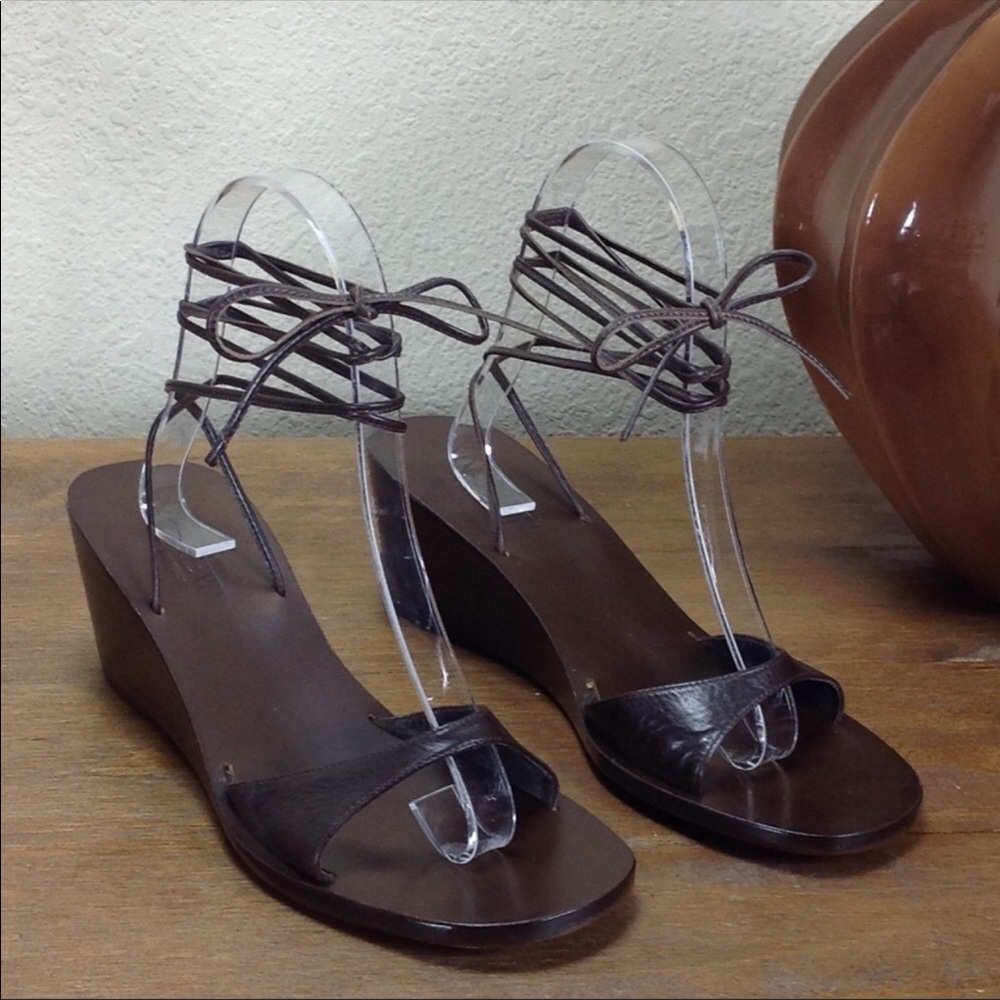 J. Crew Brown Leather String Strap Wedges